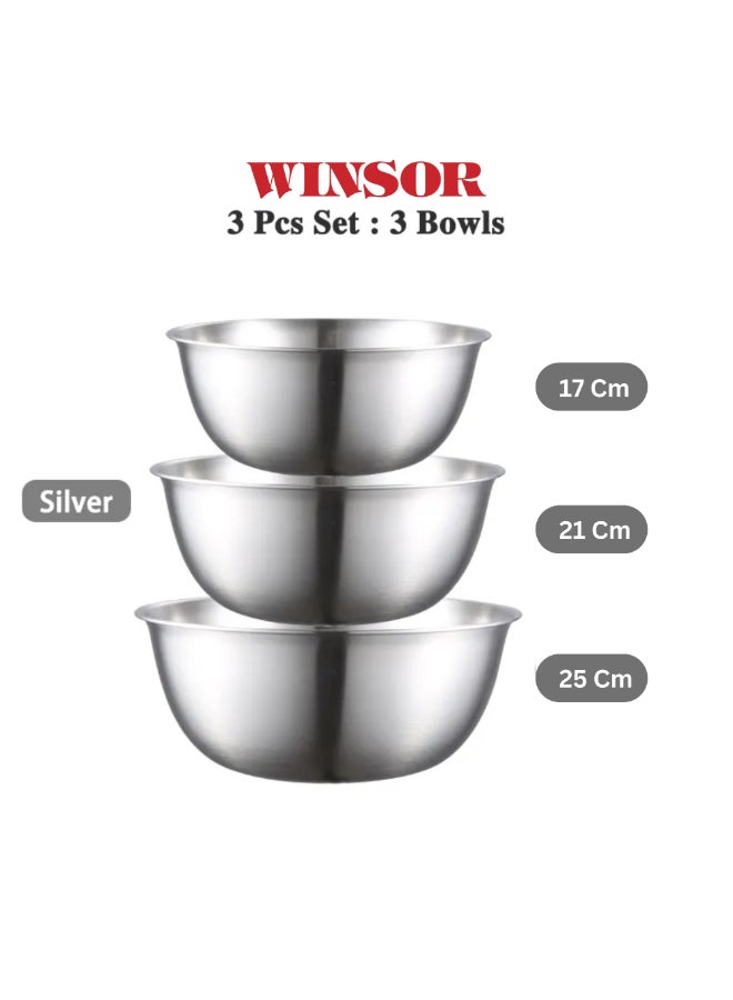 Winsor طقم وعاء خلط WINSOR 3 قطع – أوعية من الفولاذ المقاوم للصدأ للتداخل للطهي | وعاء خبز | أوعية تقديم للسلطة والحبوب والشوربة والمعكرونة والفواكه | WR80835 - Image 3